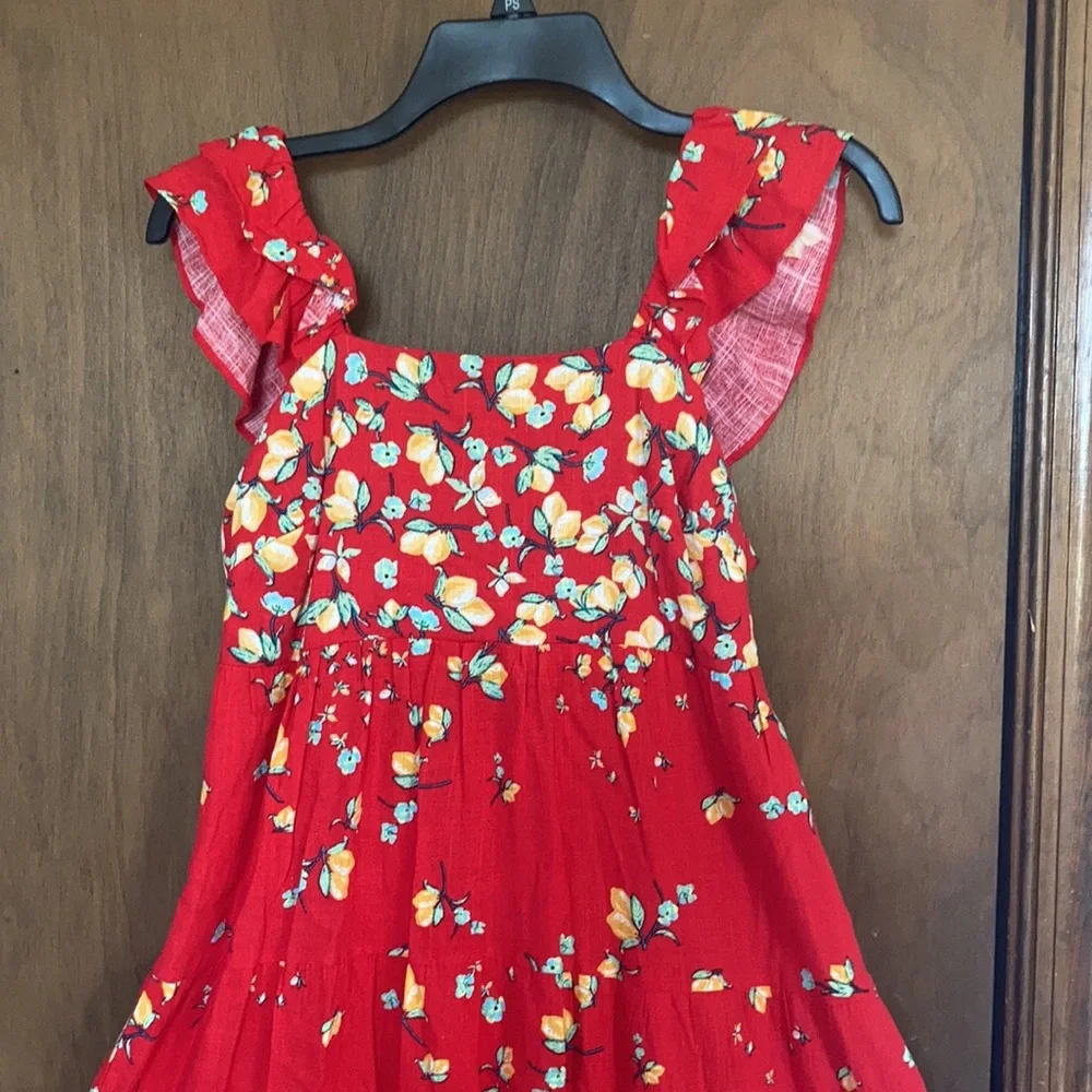 Relist7/18❌ LC LAUREN CONRAD red with lemon & floral print tie back dress - Picture 5 of 16